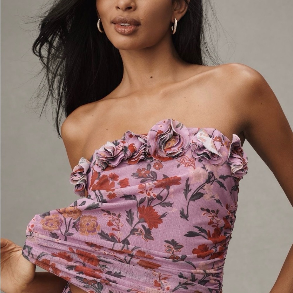 Anthropologie Lavender Floral Strapless Ruffled Tube Top, size XS NWT